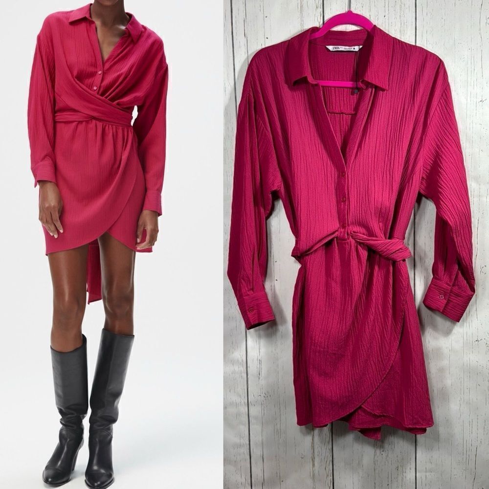 Zara Fuchsia Pink Belted Shirt Dress Crinkle Texture Wrap Style Modern Size L